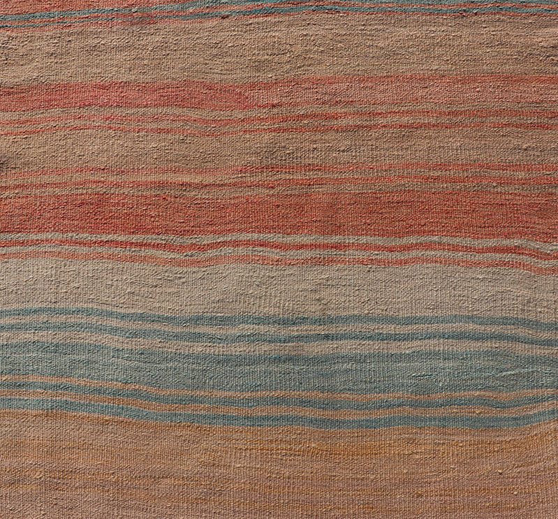Vintage Turkish Kilim Runner with Stripes in Orange, Taupe, Tan, Cream & Blue Vintage Turkish Kilim Runner with multi color with stripes. rug Keivan Woven Arts / EN - P13773, country of origin / type: Turkey / Kilim, circa Mid - 20th Century. ... - Keivan Woven ArtsEN - P13773 - 17964Rug