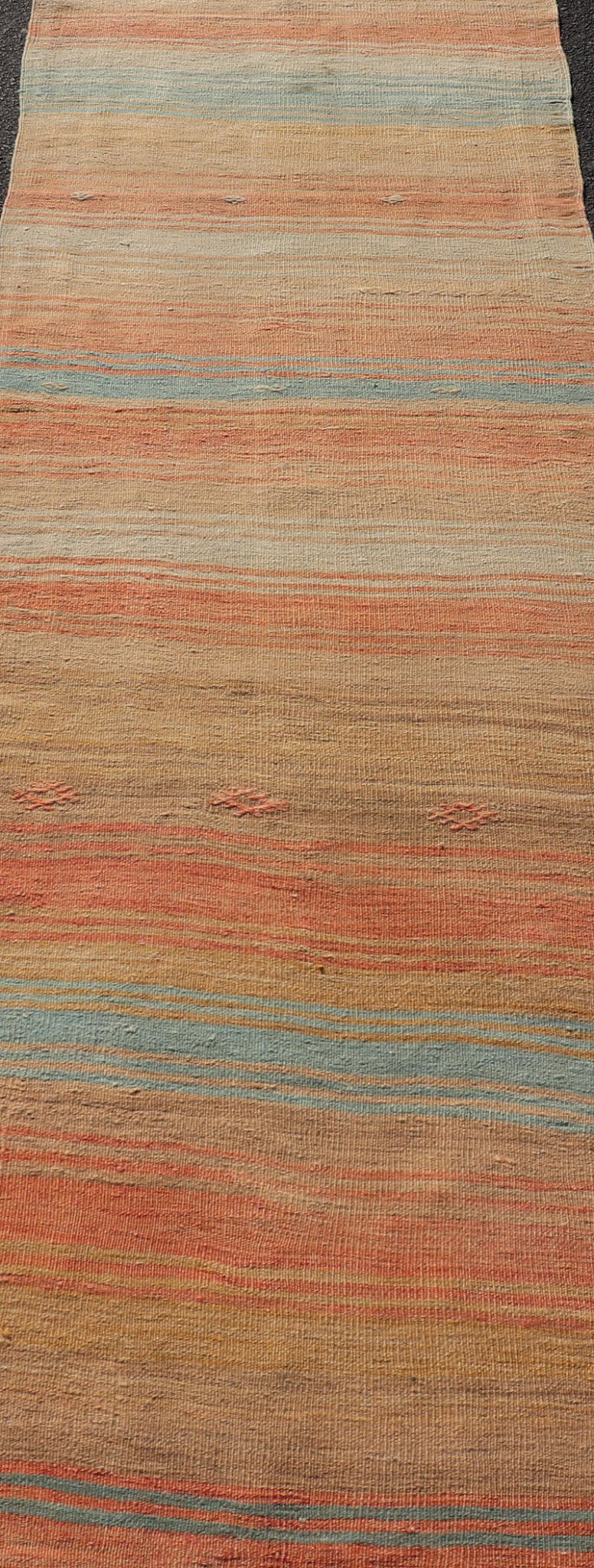 Vintage Turkish Kilim Runner with Stripes in Orange, Taupe, Tan, Cream & Blue Vintage Turkish Kilim Runner with multi color with stripes. rug Keivan Woven Arts / EN - P13773, country of origin / type: Turkey / Kilim, circa Mid - 20th Century. ... - Keivan Woven ArtsEN - P13773 - 17964Rug