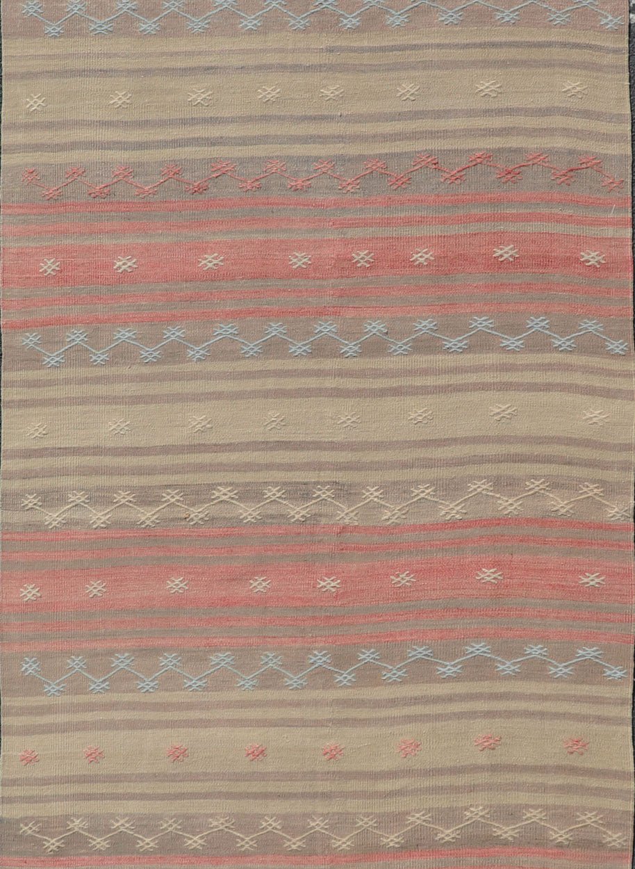 Vintage Turkish Kilim with Stripes in Blue, Tan, Brown, Cream and Orange Multicolored vintage Turkish Kilim rug with horizontal stripes in tan, blue, brown and orange. Keivan Woven Arts / Vintage Turkish Kilim, rug EN - P13774, country of origin /... - Keivan Woven ArtsEN - P13774 - 17970Rug