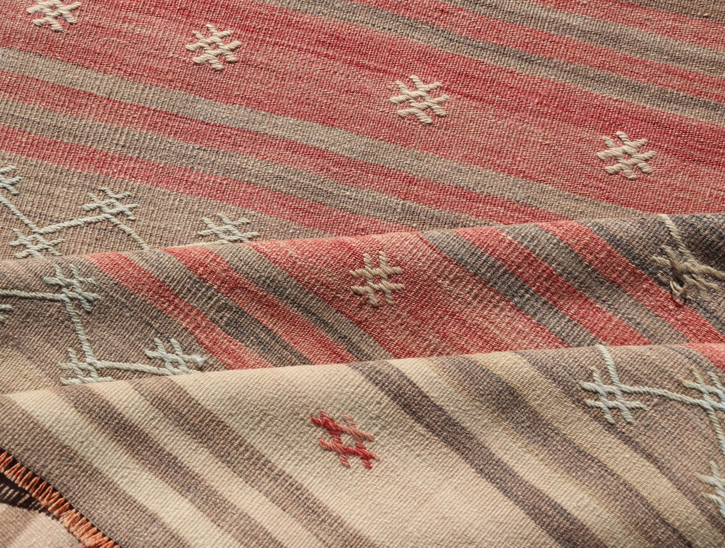 Vintage Turkish Kilim with Stripes in Blue, Tan, Brown, Cream and Orange Multicolored vintage Turkish Kilim rug with horizontal stripes in tan, blue, brown and orange. Keivan Woven Arts / Vintage Turkish Kilim, rug EN - P13774, country of origin /... - Keivan Woven ArtsEN - P13774 - 17970Rug