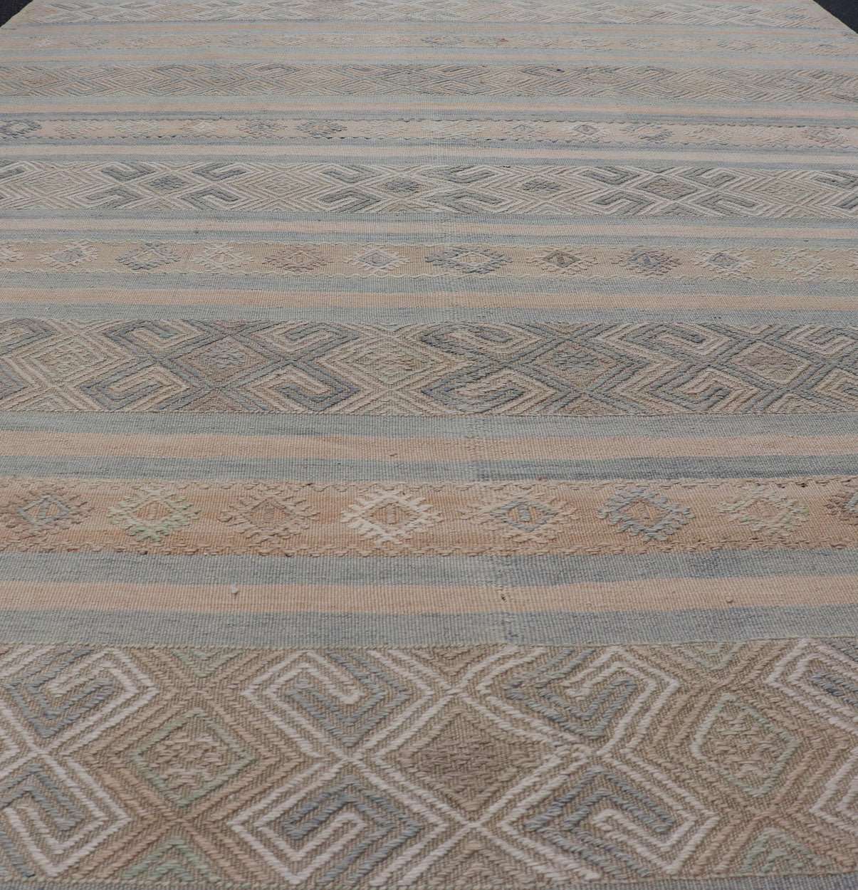 Vintage Turkish Kilim Rug with Horizontal Stripes in Taupe and Neutral Colors This flat - woven Kilim from Turkey features an enticing composition consisting of stripes with fascinating geometric designs rendered in natural tones of brown and tan... - Keivan Woven ArtsEN - P13790 - 17988Rug