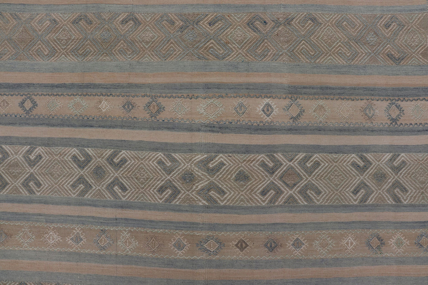 Vintage Turkish Kilim Rug with Horizontal Stripes in Taupe and Neutral Colors This flat - woven Kilim from Turkey features an enticing composition consisting of stripes with fascinating geometric designs rendered in natural tones of brown and tan... - Keivan Woven ArtsEN - P13790 - 17988Rug