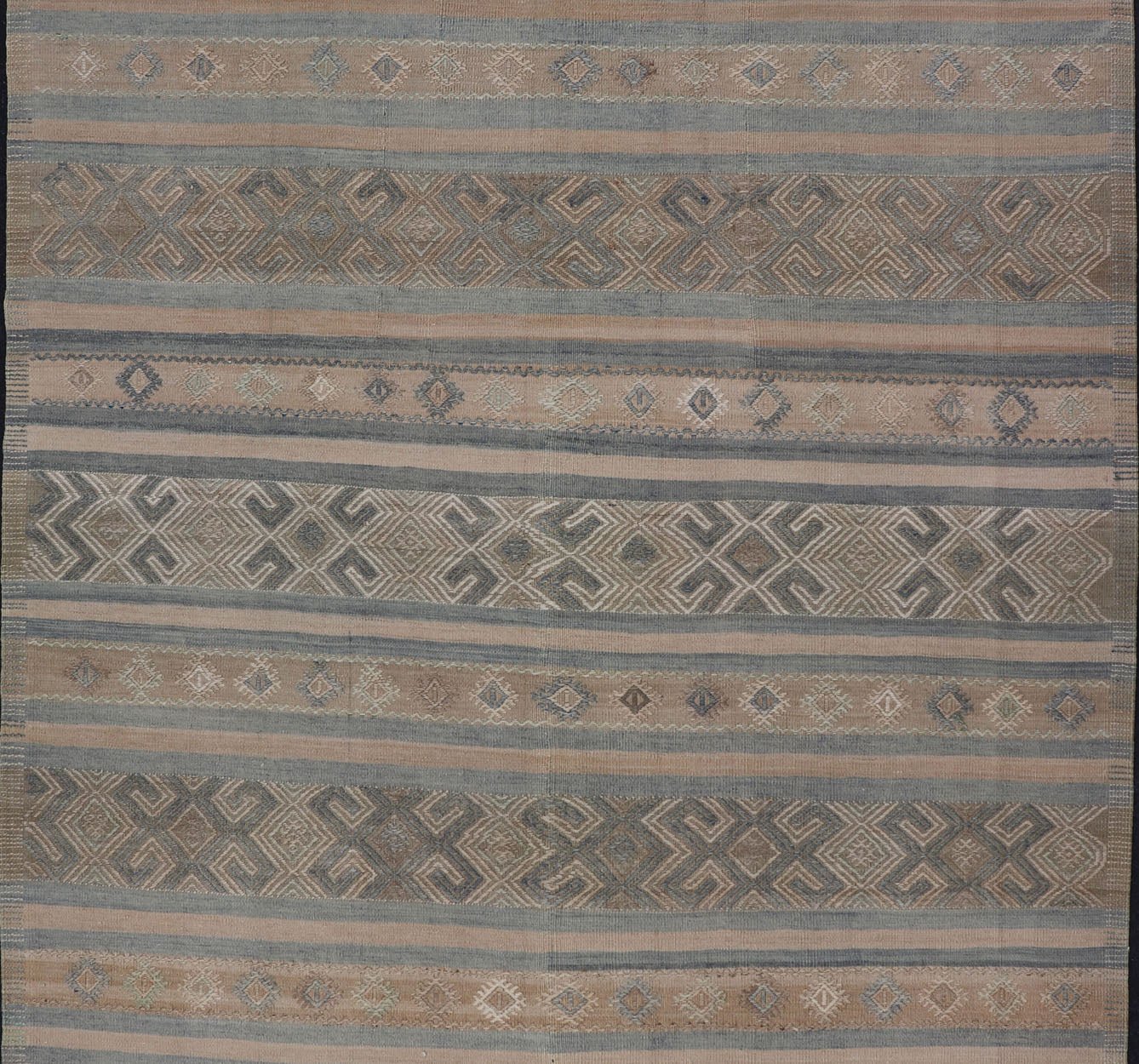 Vintage Turkish Kilim Rug with Horizontal Stripes in Taupe and Neutral Colors This flat - woven Kilim from Turkey features an enticing composition consisting of stripes with fascinating geometric designs rendered in natural tones of brown and tan... - Keivan Woven ArtsEN - P13790 - 17988Rug