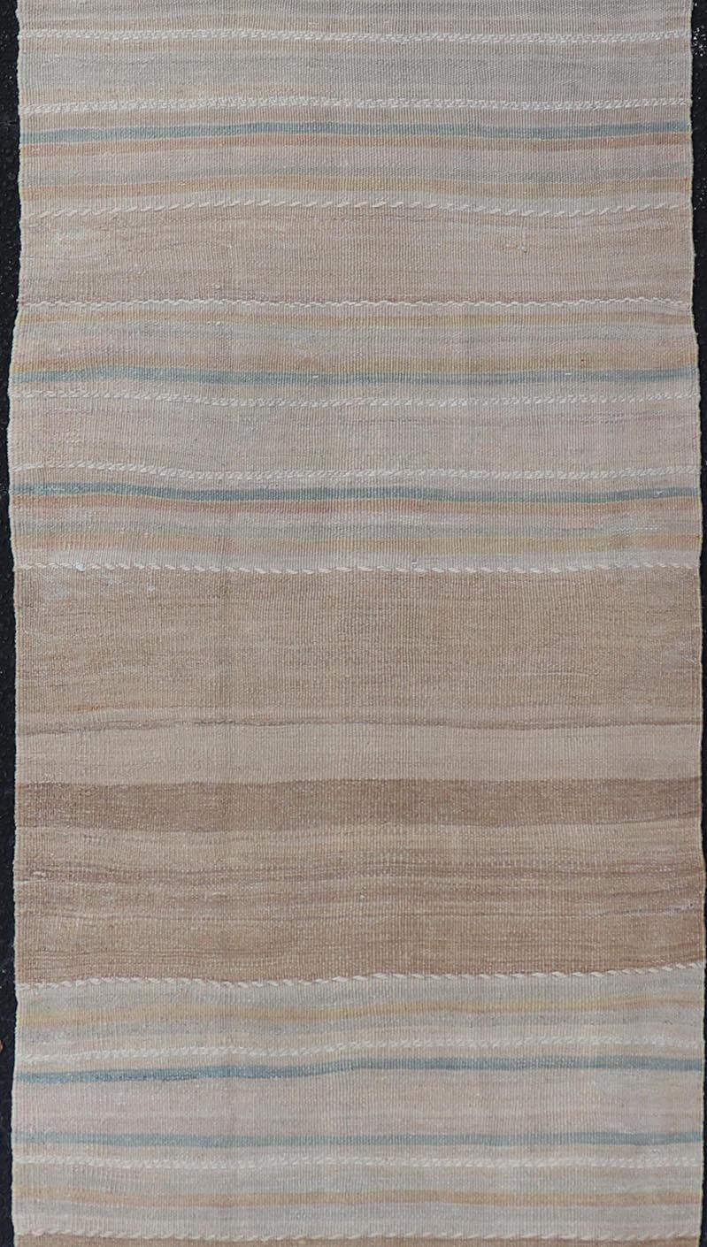 Vintage Turkish Kilim Rug with Horizontal Stipes in Light Brown, Blue, Taupe, Multicolor Vintage Kilim Runner in Stripes and Tribal Motifs, with embroideries in taupe, light brown, light teal and light green, Keivan Woven Arts rug EN - 179377, co... - Keivan Woven ArtsEN - P13913 - 18553Rug