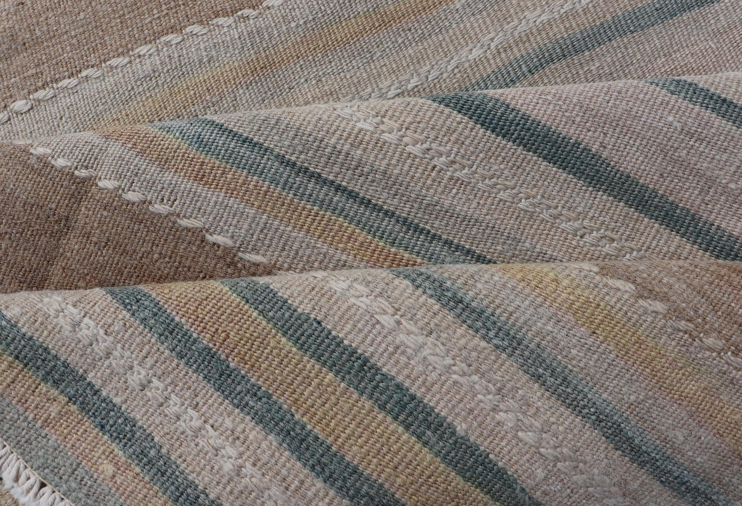 Vintage Turkish Kilim Rug with Horizontal Stipes in Light Brown, Blue, Taupe, Multicolor Vintage Kilim Runner in Stripes and Tribal Motifs, with embroideries in taupe, light brown, light teal and light green, Keivan Woven Arts rug EN - 179377, co... - Keivan Woven ArtsEN - P13913 - 18553Rug