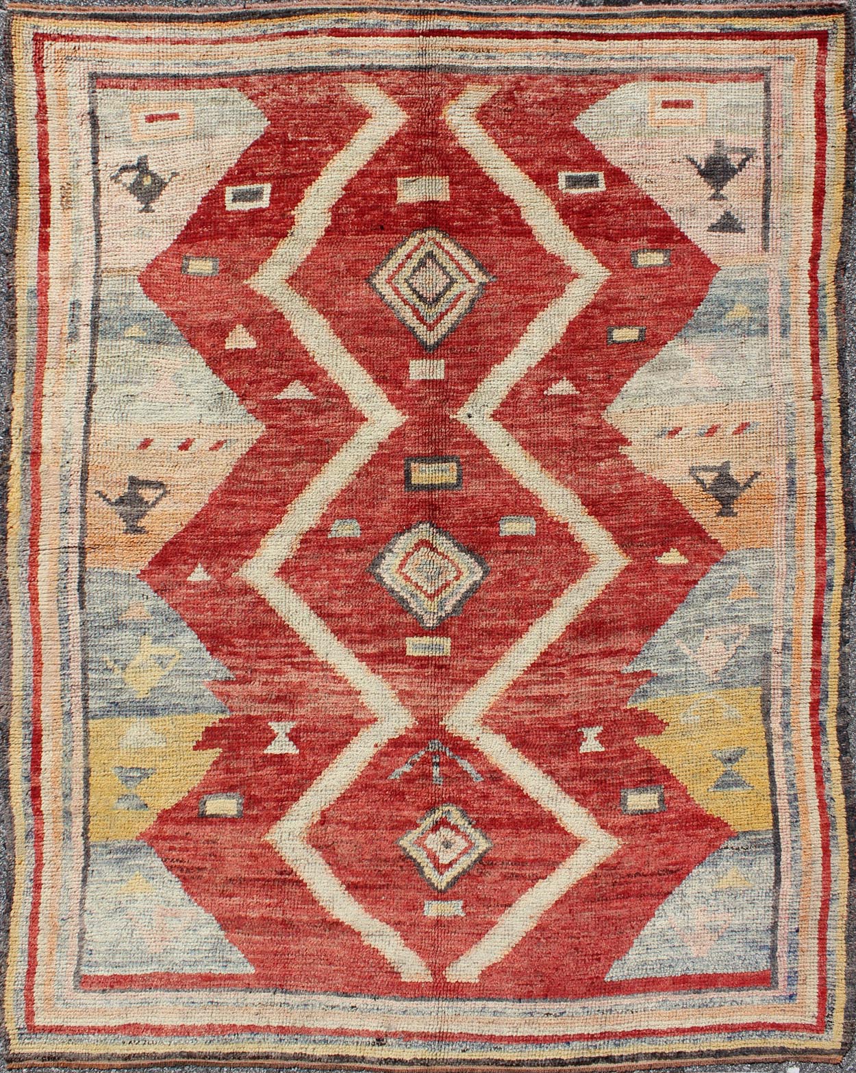 Colorful Antique Turkish Tulu Rug with Diamond Shapes Among Geometric Motifs rug/ enc - 92044 This Tulu carpet contains three diamond shapes laid across a red - colored field and enclosed within surrounding geometric elements. Accent colors include ... - Keivan Woven ArtsENC - 92044 - 902Rug