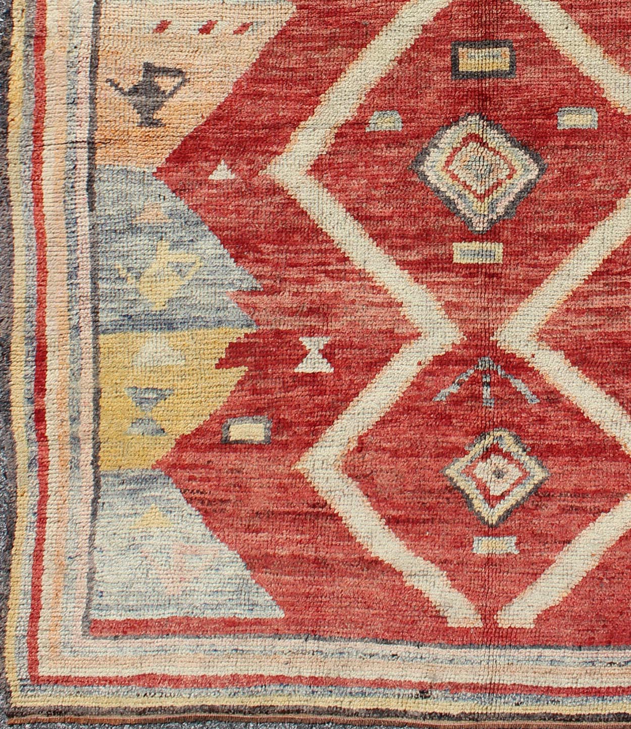 Colorful Antique Turkish Tulu Rug with Diamond Shapes Among Geometric Motifs rug/ enc - 92044 This Tulu carpet contains three diamond shapes laid across a red - colored field and enclosed within surrounding geometric elements. Accent colors include ... - Keivan Woven ArtsENC - 92044 - 902Rug