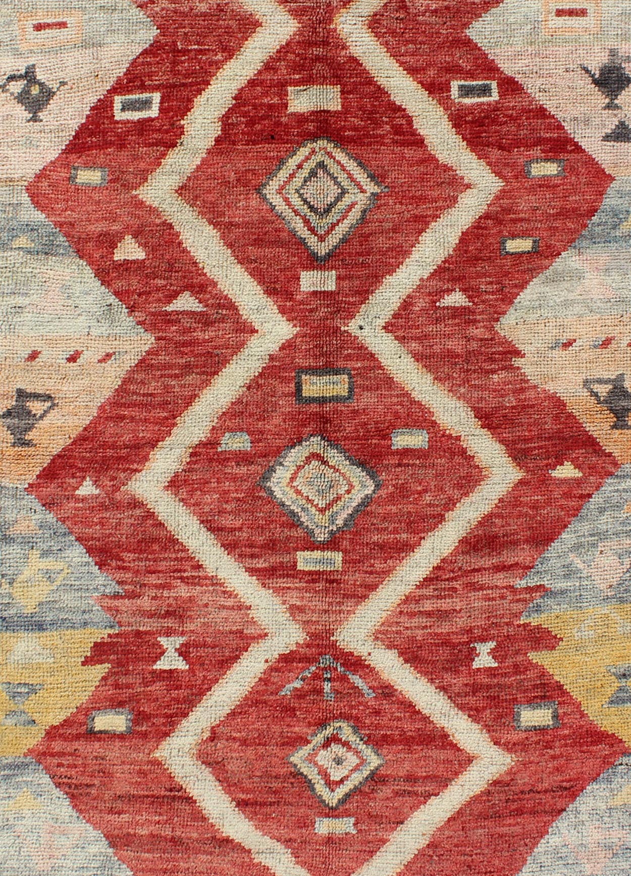 Colorful Antique Turkish Tulu Rug with Diamond Shapes Among Geometric Motifs rug/ enc - 92044 This Tulu carpet contains three diamond shapes laid across a red - colored field and enclosed within surrounding geometric elements. Accent colors include ... - Keivan Woven ArtsENC - 92044 - 902Rug