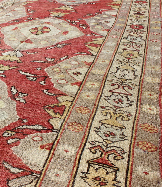 Red background vintage Turkish Oushak runner in grey, cream, yellow colors, rug enc - 92462, country of origin / type: Turkey / Oushak, circa 1930 This vintage Oushak runner features a unique blend of cheerful colors and an intricately beautiful d... - Keivan Woven ArtsENC - 92462 - 976
