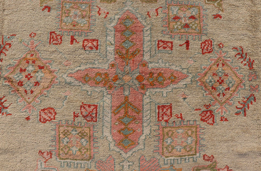 Antique Oushak Carpet With Medallion On A Pale Green Field with Vivid Border. Keivan Woven Arts; rug F - 0305, Country of Origin: Turkey Type: Antique Oushak Design: Floral, Sub - Geometric, All - Over. Measures: 10' x 13'5 This stunning antique Turki... - Keivan Woven ArtsF - 0305 - 533