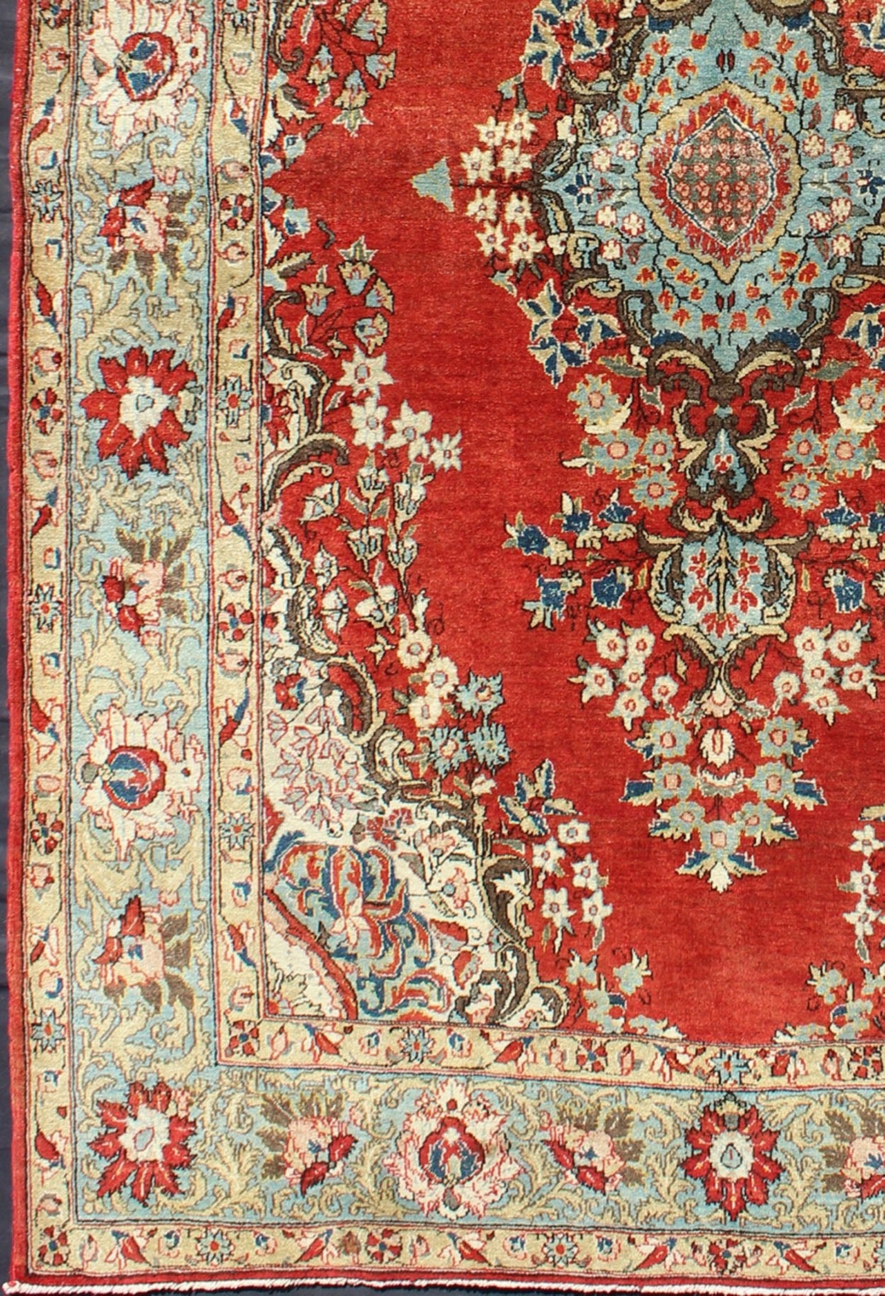 Fine Persian Qum Carpet with Red, Light Blue, Light Green, Navy and Brown This beautiful vintage Persian Qum rug bears a stretched central Medallion of blue with an impressive array of flora surrounding its body. The red field plays host to a de... - Keivan Woven ArtsF - 0701 - 1054Rug
