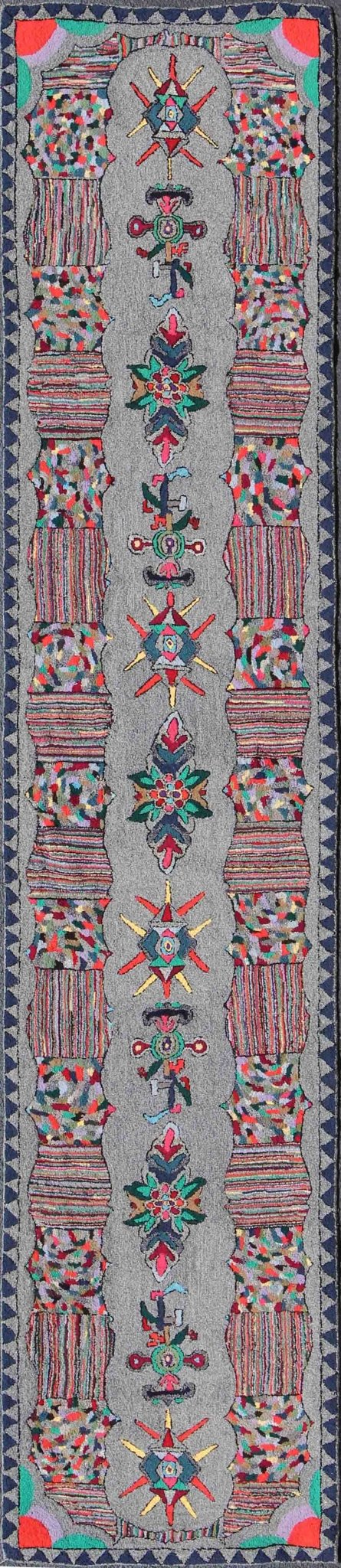 Vintage American Hooked runner with colorful vertical medallion design, rug f - 0706, country of origin / type: United States / hooked, circa 1960. This vintage American Hooked rug depicts a beautiful design of vertically - arranged medallion motifs... - Keivan Woven ArtsF - 0706 - 1458Rug