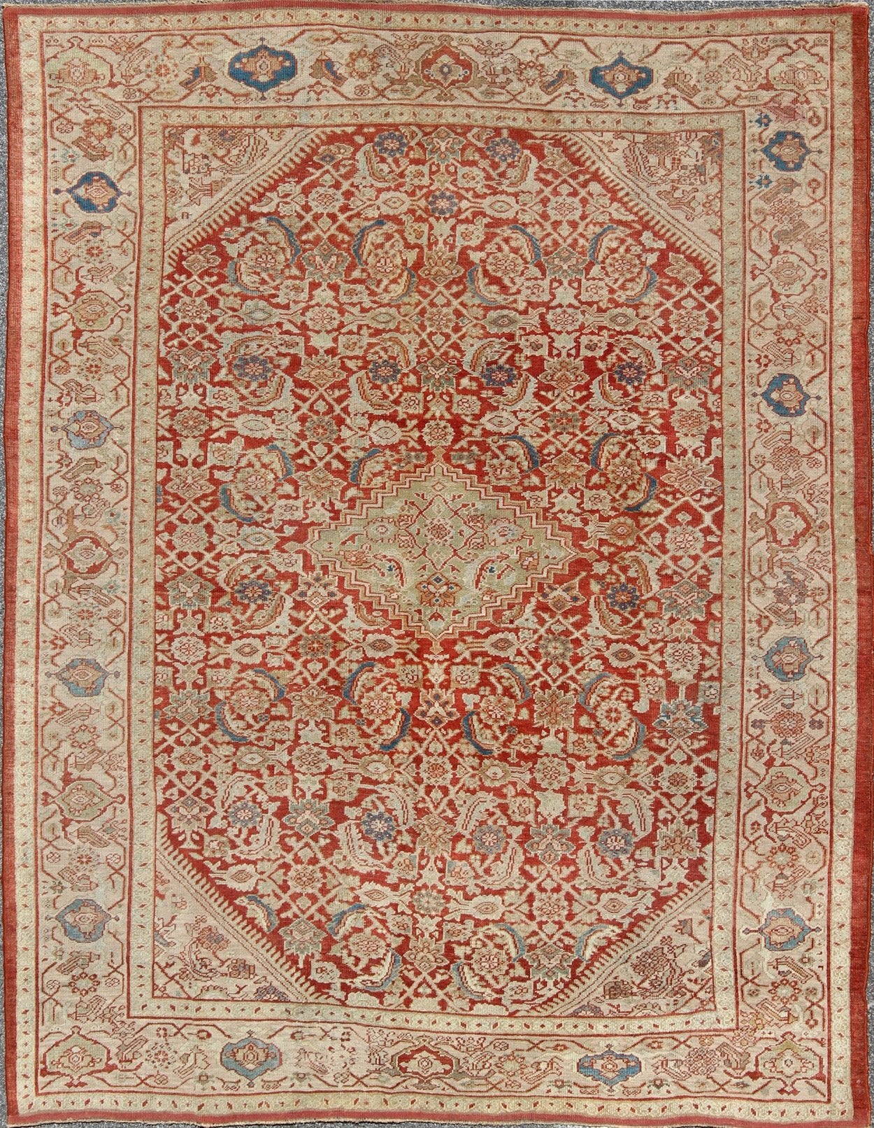 Antique Persian Sultanabad Rug in Rust Red, Green, Blue, Taupe and Cream. Antique Persian Sultanabad rug with Herati design in red, green, blue and cream, Keivan Woven Arts / rug / F - 0910. Antique Persian Sultanabad. This antique Persian... - Keivan Woven ArtsF - 0910 - 772Rug