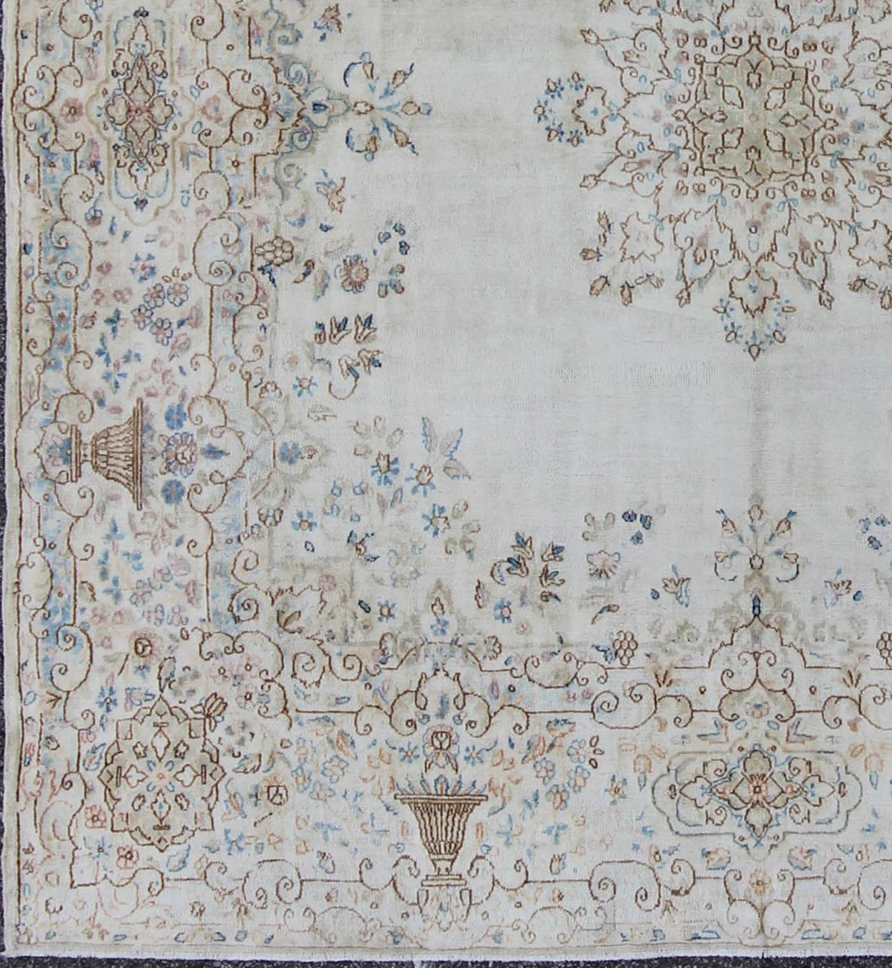 Keivan Woven Arts, F - 1002, Early 20th Century Antique Kerman Rug. Stylized floral antique Persian Kerman square rug in ivory, brown, blue and cream, rug f - 1002, country of origin / type: Iran / Kerman, circa 1920 This large, antique Persian Kerman r... - Keivan Woven ArtsF - 1002 - 876Rug
