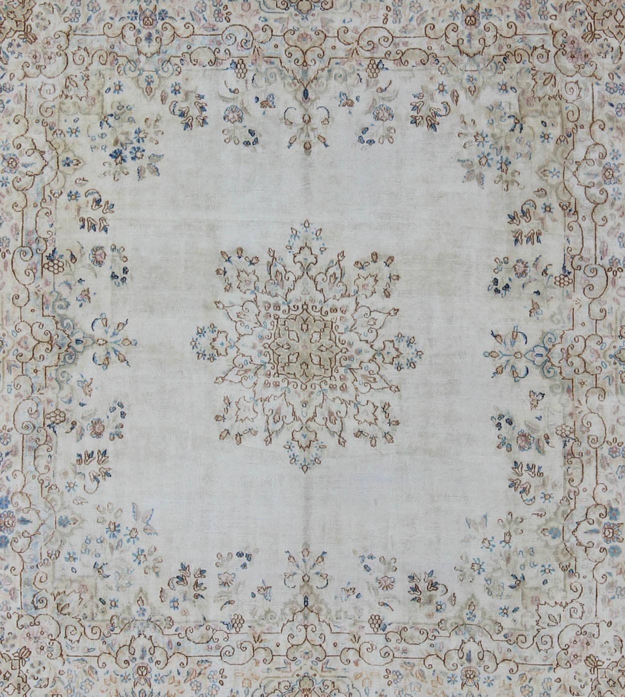 Keivan Woven Arts, F - 1002, Early 20th Century Antique Kerman Rug. Stylized floral antique Persian Kerman square rug in ivory, brown, blue and cream, rug f - 1002, country of origin / type: Iran / Kerman, circa 1920 This large, antique Persian Kerman r... - Keivan Woven ArtsF - 1002 - 876Rug