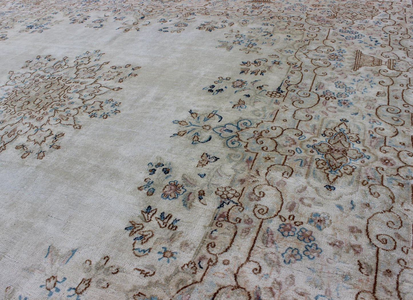 Keivan Woven Arts, F - 1002, Early 20th Century Antique Kerman Rug. Stylized floral antique Persian Kerman square rug in ivory, brown, blue and cream, rug f - 1002, country of origin / type: Iran / Kerman, circa 1920 This large, antique Persian Kerman r... - Keivan Woven ArtsF - 1002 - 876Rug
