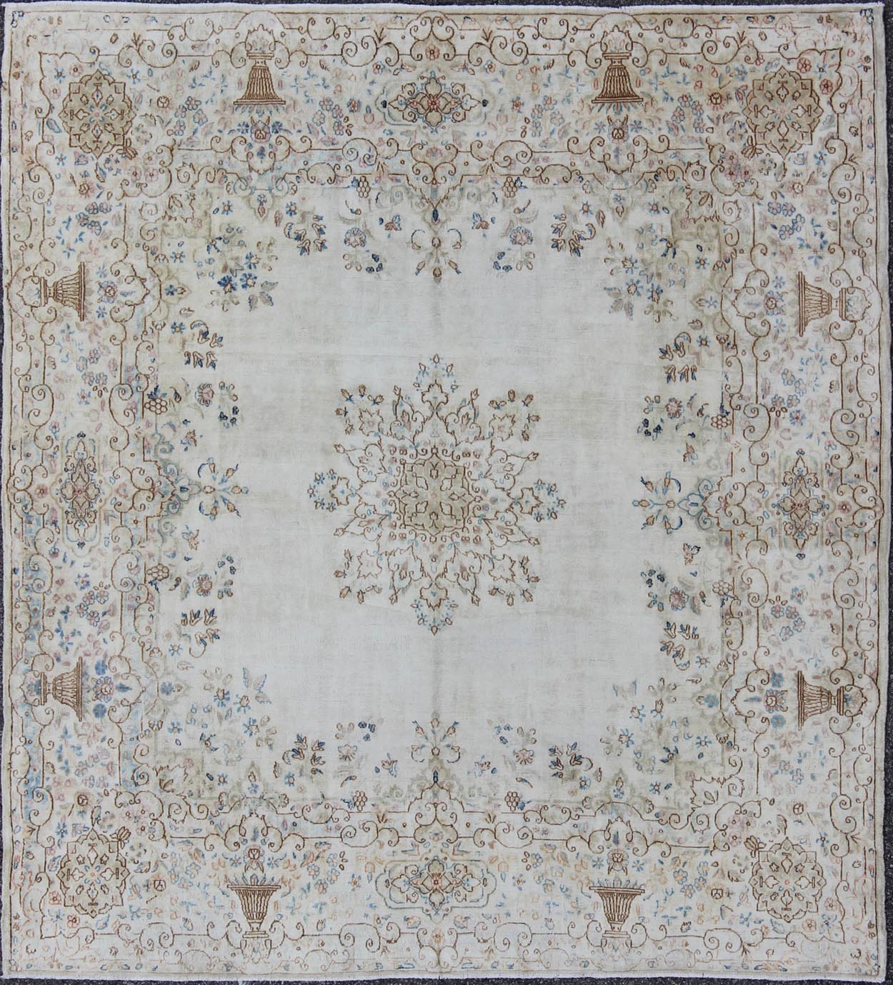 Keivan Woven Arts, F - 1002, Early 20th Century Antique Kerman Rug. Stylized floral antique Persian Kerman square rug in ivory, brown, blue and cream, rug f - 1002, country of origin / type: Iran / Kerman, circa 1920 This large, antique Persian Kerman r... - Keivan Woven ArtsF - 1002 - 876Rug