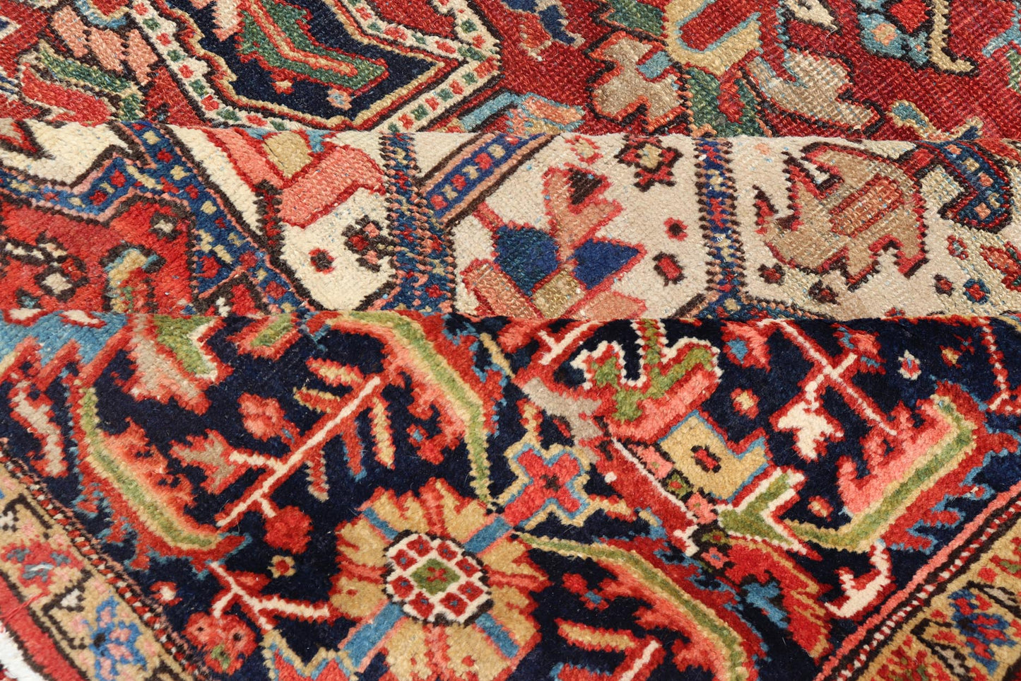 Antique Persian Heriz - Serapi Rug in Rust Background. kwarugs F - 1101. Large Heriz in Square shaped This superb antique Heriz - Serapi carpet, with its highly stylized central medallion and impressive geometric motifs, beautifully illustrates the gr... - Keivan Woven ArtsF - 1101 - 403Rug
