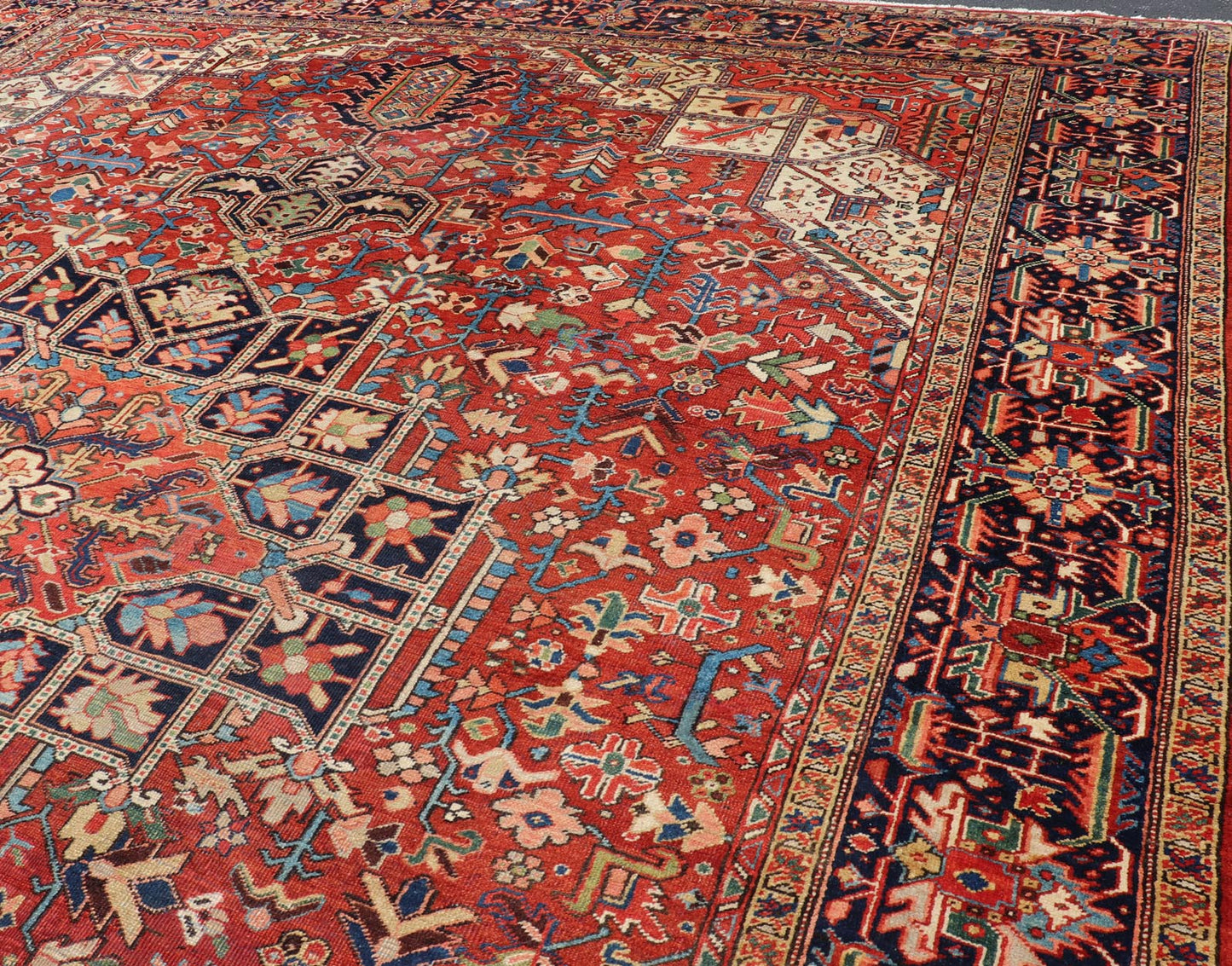 Antique Persian Heriz - Serapi Rug in Rust Background. kwarugs F - 1101. Large Heriz in Square shaped This superb antique Heriz - Serapi carpet, with its highly stylized central medallion and impressive geometric motifs, beautifully illustrates the gr... - Keivan Woven ArtsF - 1101 - 403Rug