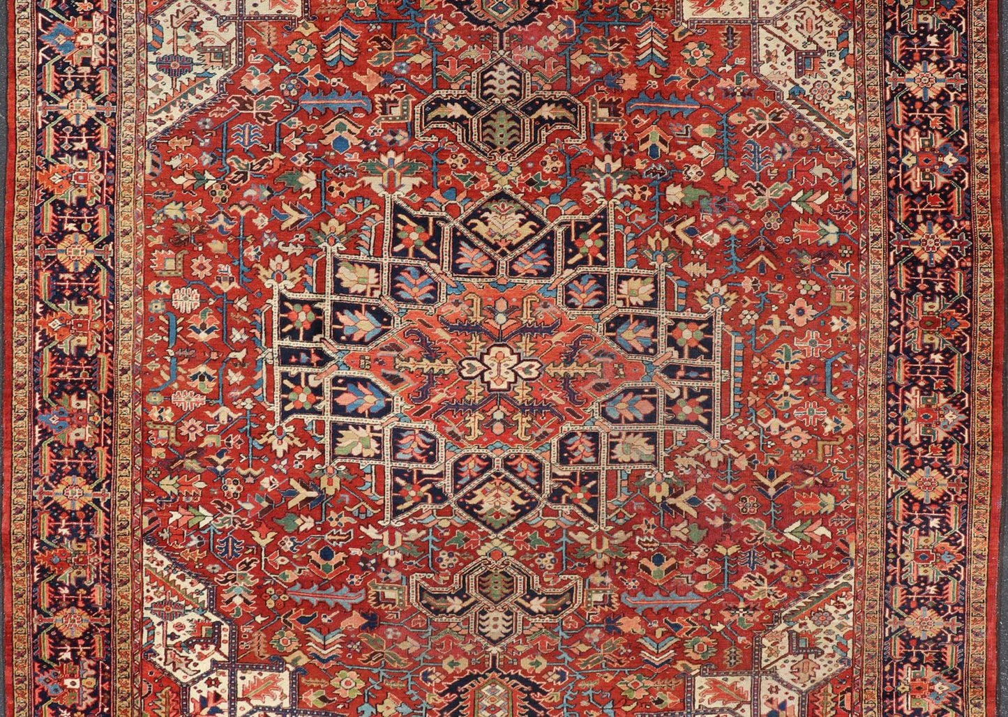 Antique Persian Heriz - Serapi Rug in Rust Background. kwarugs F - 1101. Large Heriz in Square shaped This superb antique Heriz - Serapi carpet, with its highly stylized central medallion and impressive geometric motifs, beautifully illustrates the gr... - Keivan Woven ArtsF - 1101 - 403Rug