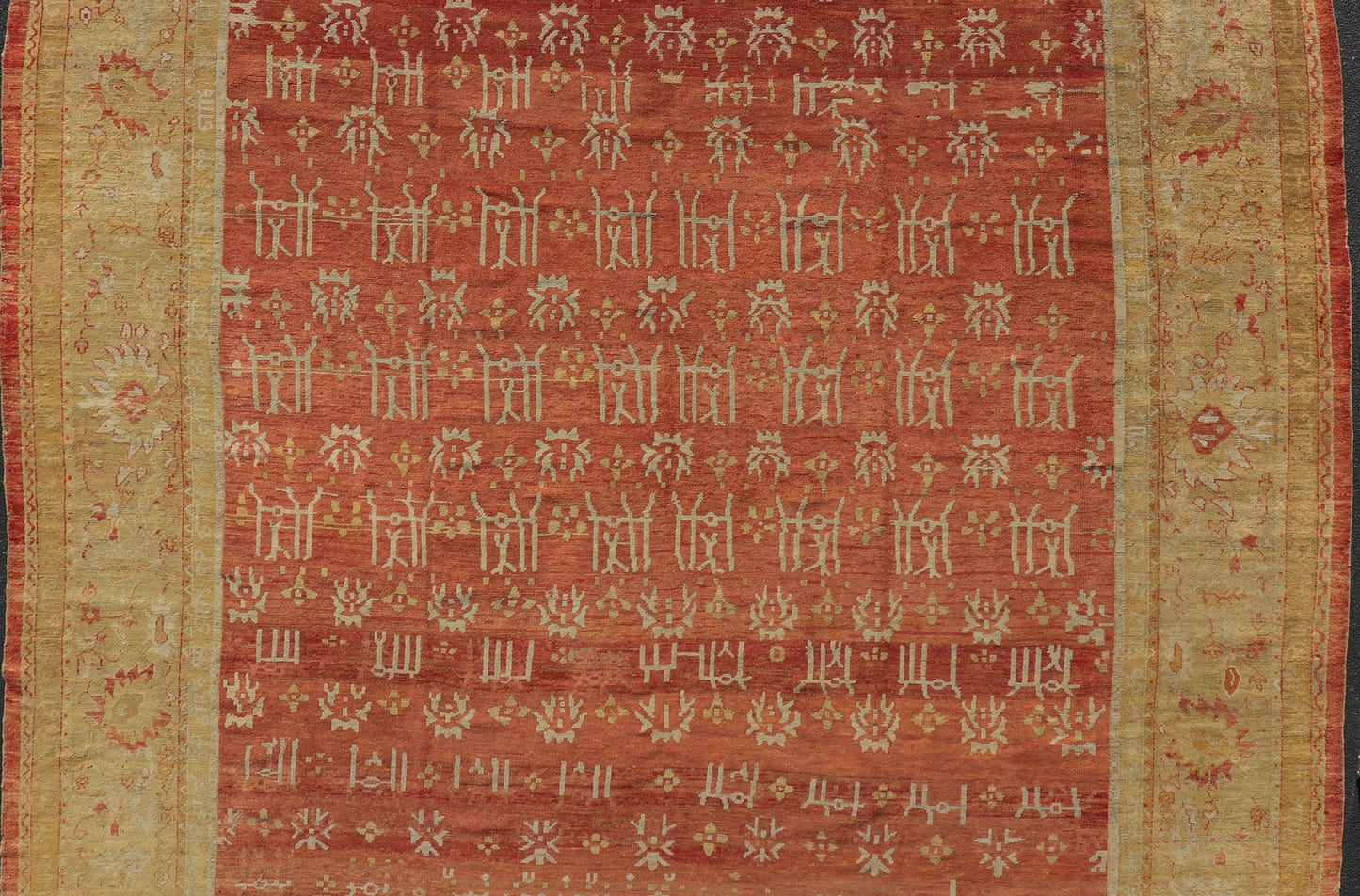 Large Squared Size Antique 19th Century Oushak Carpet in Red and Yellow Green Large Square Antique 19th Century Oushak Carpet in Red and Yellow Green, Rug/F - 1206. Light green, red hues and neutral colors work together to form an exotic display of ... - Keivan Woven ArtsF - 1206 - 1740Rug