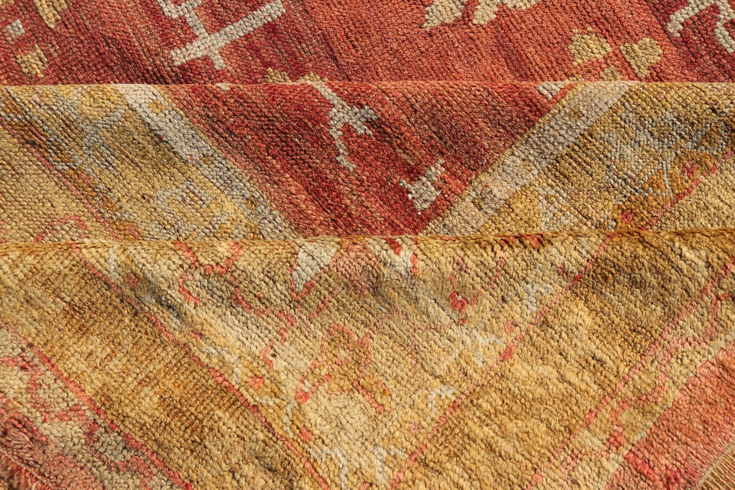 Large Squared Size Antique 19th Century Oushak Carpet in Red and Yellow Green Large Square Antique 19th Century Oushak Carpet in Red and Yellow Green, Rug/F - 1206. Light green, red hues and neutral colors work together to form an exotic display of ... - Keivan Woven ArtsF - 1206 - 1740Rug