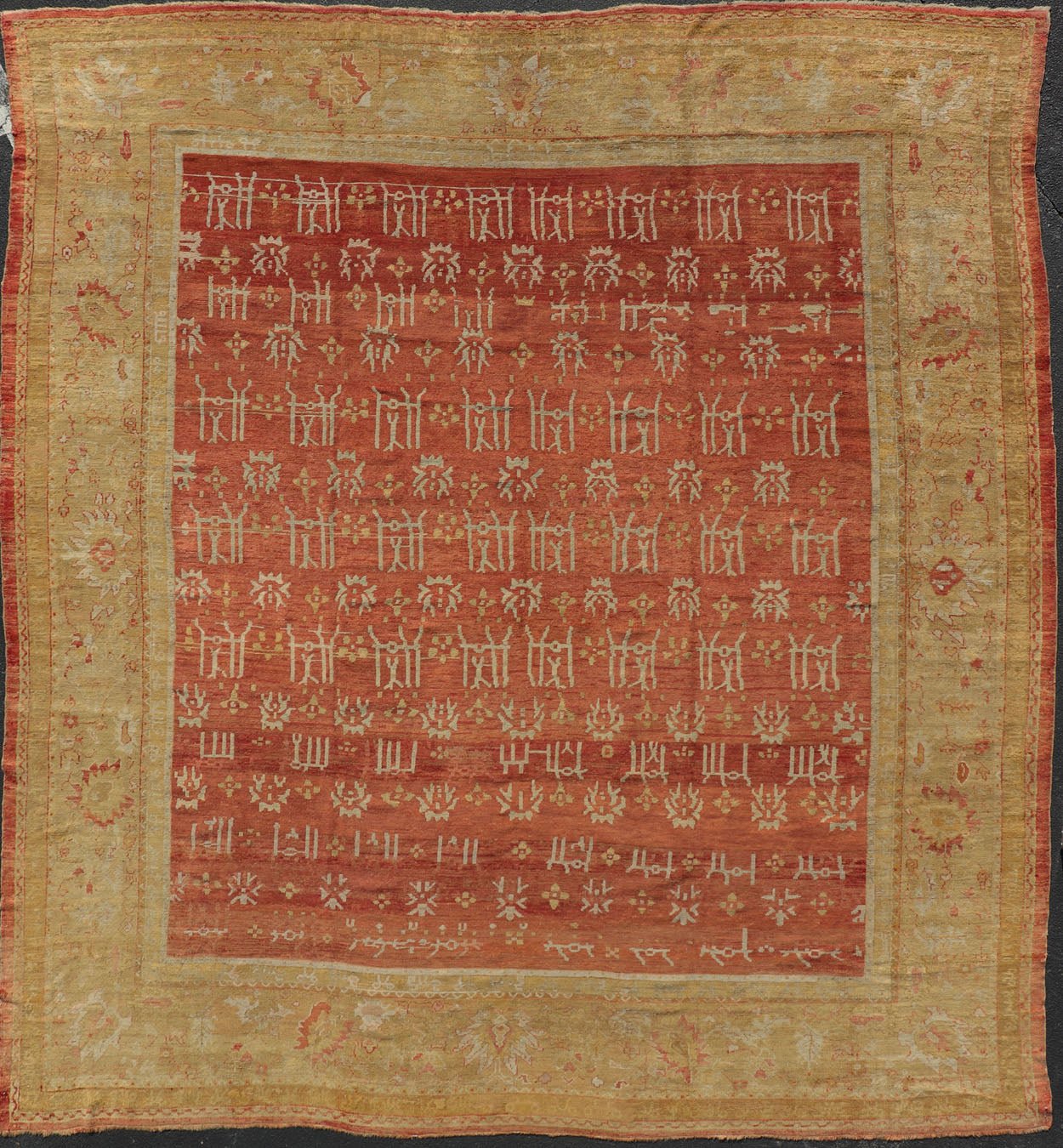 Large Squared Size Antique 19th Century Oushak Carpet in Red and Yellow Green Large Square Antique 19th Century Oushak Carpet in Red and Yellow Green, Rug/F - 1206. Light green, red hues and neutral colors work together to form an exotic display of ... - Keivan Woven ArtsF - 1206 - 1740Rug