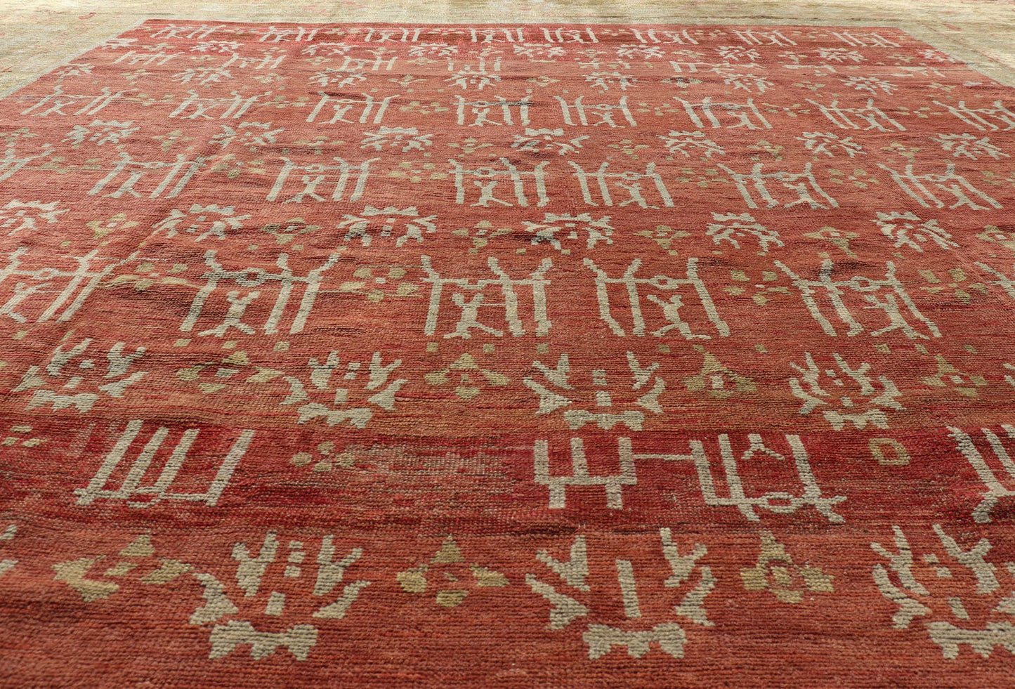 Large Squared Size Antique 19th Century Oushak Carpet in Red and Yellow Green Large Square Antique 19th Century Oushak Carpet in Red and Yellow Green, Rug/F - 1206. Light green, red hues and neutral colors work together to form an exotic display of ... - Keivan Woven ArtsF - 1206 - 1740Rug