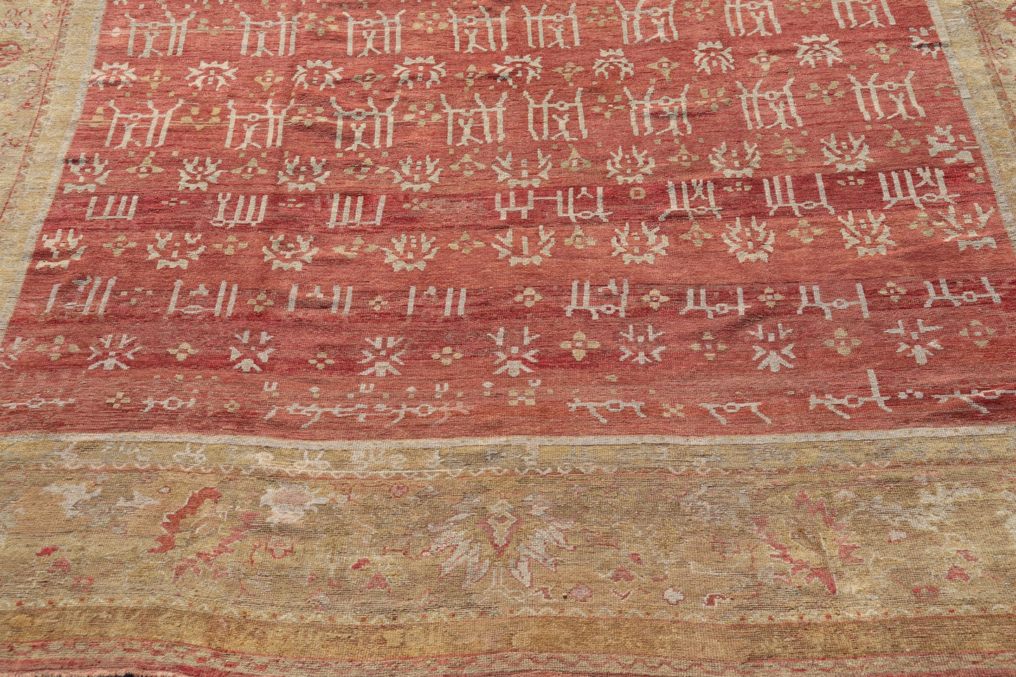 Large Squared Size Antique 19th Century Oushak Carpet in Red and Yellow Green Large Square Antique 19th Century Oushak Carpet in Red and Yellow Green, Rug/F - 1206. Light green, red hues and neutral colors work together to form an exotic display of ... - Keivan Woven ArtsF - 1206 - 1740Rug