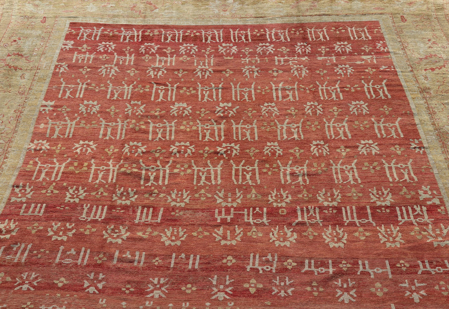 Large Squared Size Antique 19th Century Oushak Carpet in Red and Yellow Green Large Square Antique 19th Century Oushak Carpet in Red and Yellow Green, Rug/F - 1206. Light green, red hues and neutral colors work together to form an exotic display of ... - Keivan Woven ArtsF - 1206 - 1740Rug