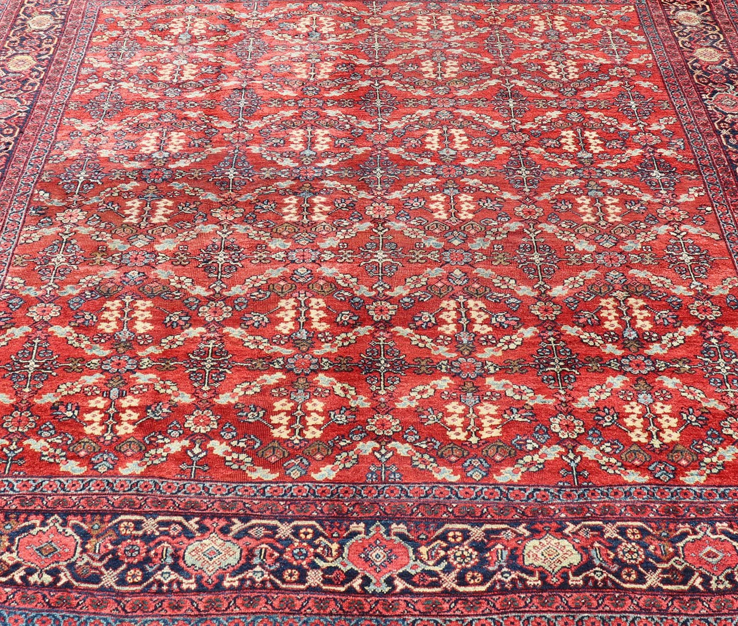 Square Sized Geometric Antique Persian Mahal - Sultanabad Rug in Red and Blue colors. Red background antique Persian Mahal - Sultanabad rug with large flowers, 1920, Keivan Woven Arts/rug /G - 0208, country of origin / type: Iran / Sultanabad, circa ... - Keivan Woven ArtsG - 0208 - 1700Rug