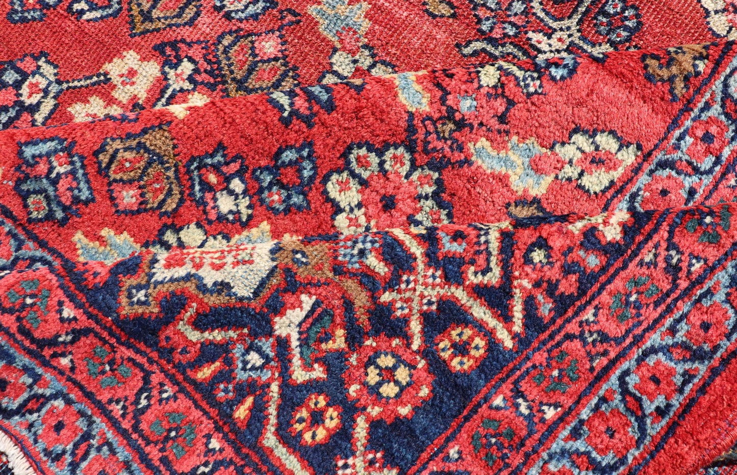 Square Sized Geometric Antique Persian Mahal - Sultanabad Rug in Red and Blue colors. Red background antique Persian Mahal - Sultanabad rug with large flowers, 1920, Keivan Woven Arts/rug /G - 0208, country of origin / type: Iran / Sultanabad, circa ... - Keivan Woven ArtsG - 0208 - 1700Rug