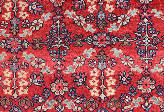 Square Sized Geometric Antique Persian Mahal - Sultanabad Rug in Red and Blue colors. Red background antique Persian Mahal - Sultanabad rug with large flowers, 1920, Keivan Woven Arts/rug /G - 0208, country of origin / type: Iran / Sultanabad, circa ... - Keivan Woven ArtsG - 0208 - 1700
