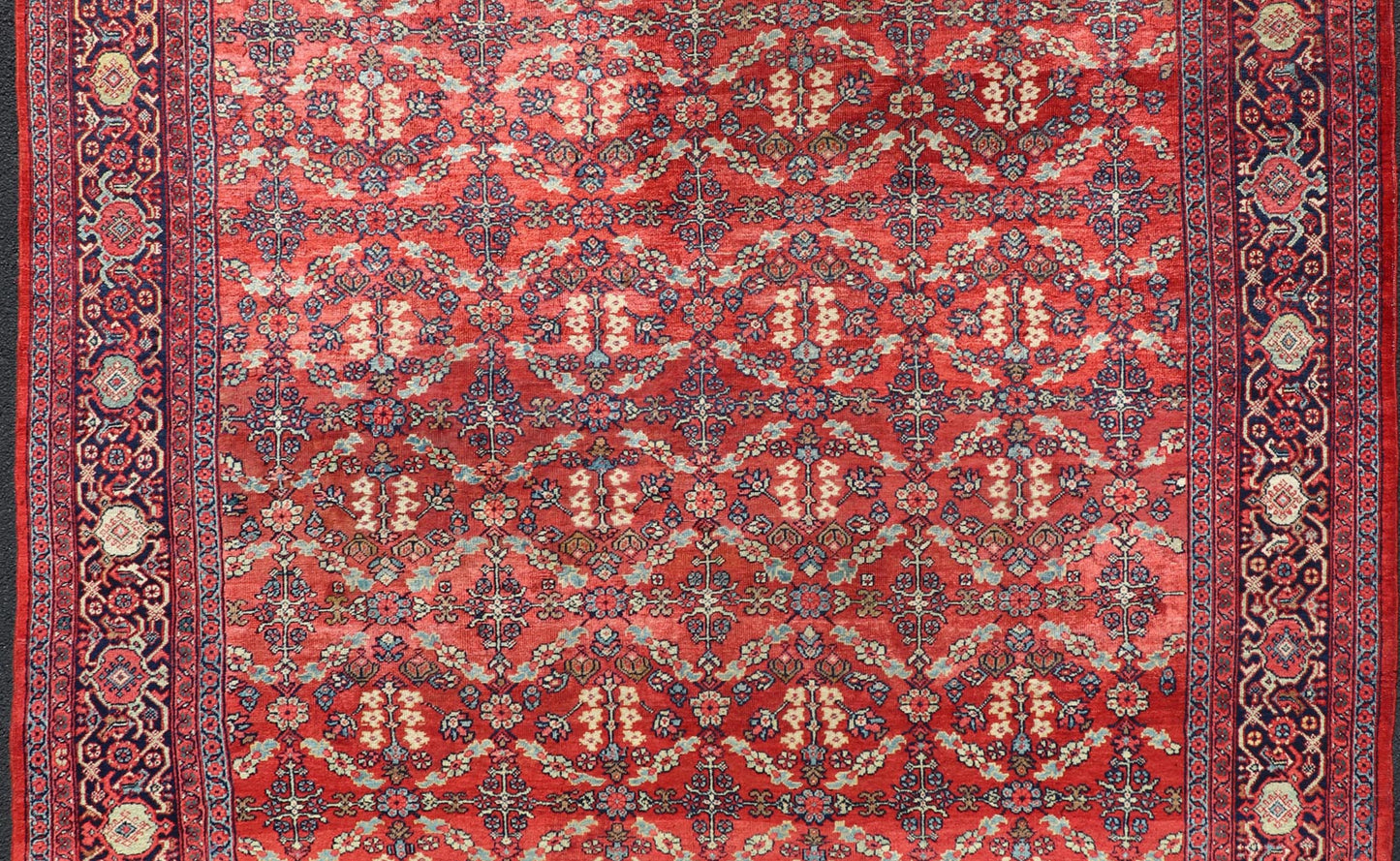Square Sized Geometric Antique Persian Mahal - Sultanabad Rug in Red and Blue colors. Red background antique Persian Mahal - Sultanabad rug with large flowers, 1920, Keivan Woven Arts/rug /G - 0208, country of origin / type: Iran / Sultanabad, circa ... - Keivan Woven ArtsG - 0208 - 1700Rug