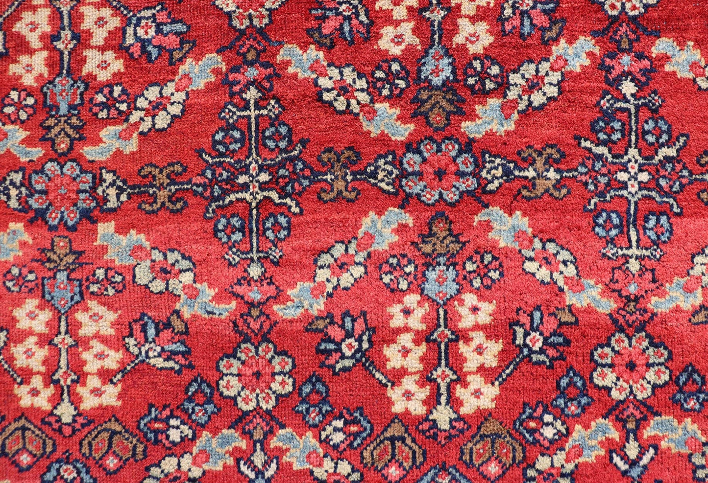 Square Sized Geometric Antique Persian Mahal - Sultanabad Rug in Red and Blue colors. Red background antique Persian Mahal - Sultanabad rug with large flowers, 1920, Keivan Woven Arts/rug /G - 0208, country of origin / type: Iran / Sultanabad, circa ... - Keivan Woven ArtsG - 0208 - 1700Rug