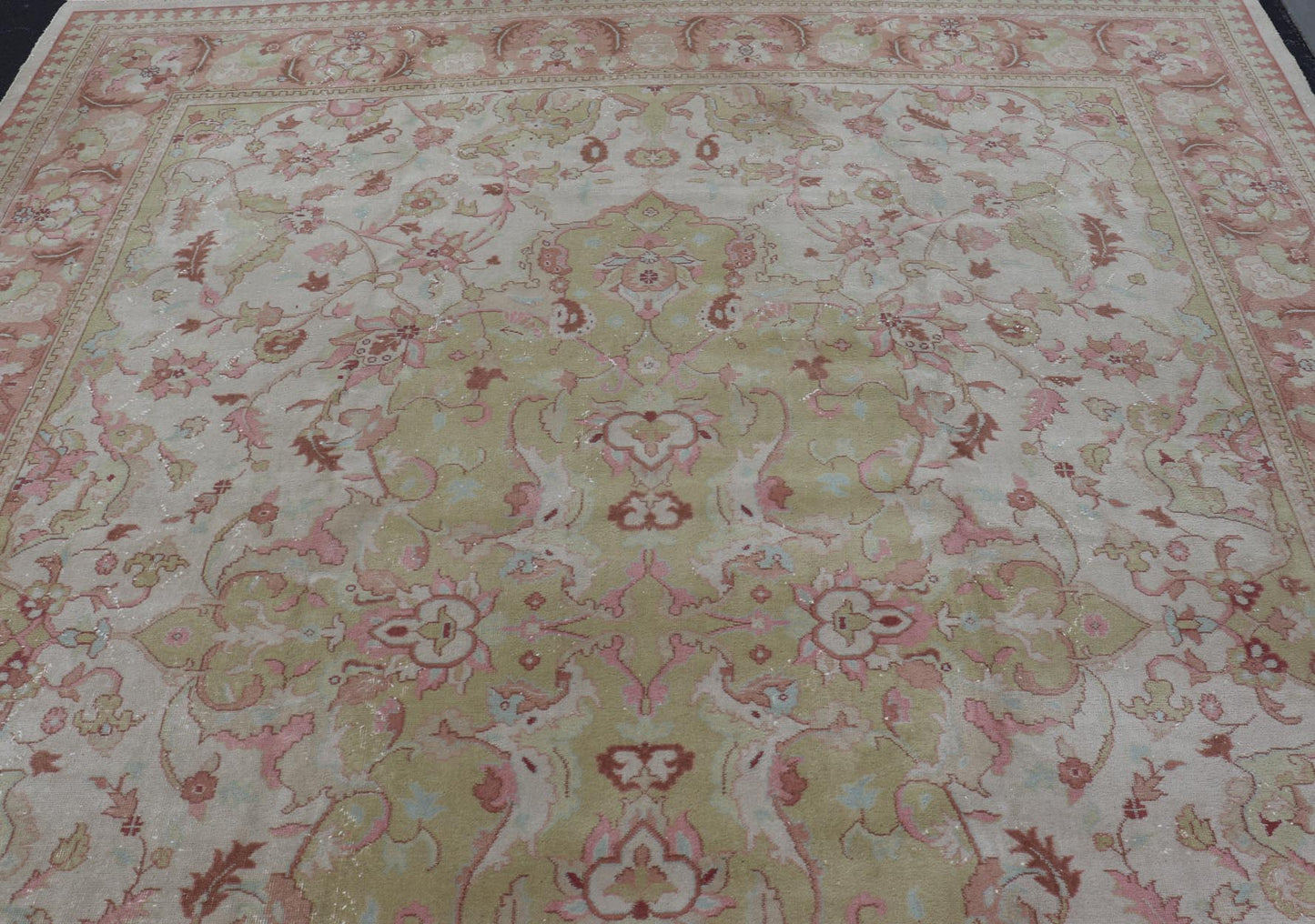 Keivan Woven Arts large Vintage Indian Amritsar rug with Floral in Ivory, Light Yellow Green, Salmon & Pink. Keivan Woven Arts / rug / G - 0304 / Mid - 20th Century / 1940 circa / Antique Amritsar Measures: 11'9 x 14'5. A Classic design in ... - Keivan Woven ArtsG - 0304 - 415