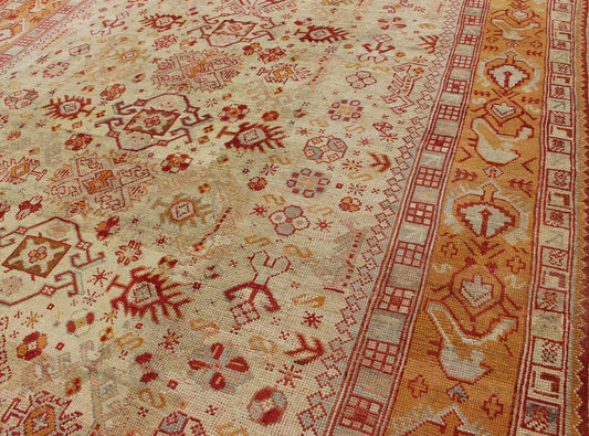 Antique Turkish Oushak Carpet With All - Over Design In Red, Taupe, and Orange. Keivan Woven Arts; rug G - 0901, Country of Origin: Turkey Type: Antique Oushak Design: Floral, Sub - Geometric, All - Over. Measures: 10'5 x 12'5. This impressive Oushak car... - Keivan Woven ArtsG - 0901 - 551