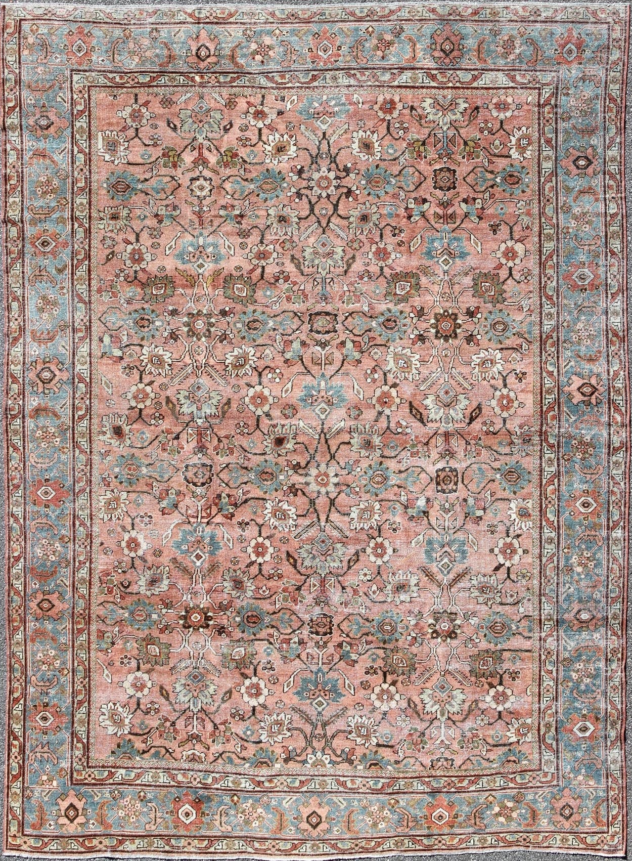 Antique sub - geometric Persian distressed Sultanabad rug with burnt orange field, blue Border, rug gld - 4777, country of origin / type: Iran / Sultanabad, circa 1910 This beautiful and large early 20th century antique Persian Sultanabad rug displa... - Keivan Woven ArtsGLD - 4777 - 9086Rug