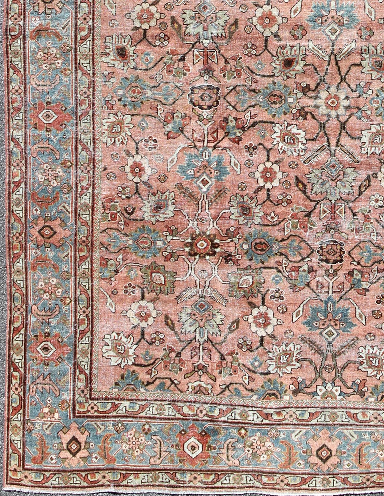 Antique sub - geometric Persian distressed Sultanabad rug with burnt orange field, blue Border, rug gld - 4777, country of origin / type: Iran / Sultanabad, circa 1910 This beautiful and large early 20th century antique Persian Sultanabad rug displa... - Keivan Woven ArtsGLD - 4777 - 9086Rug