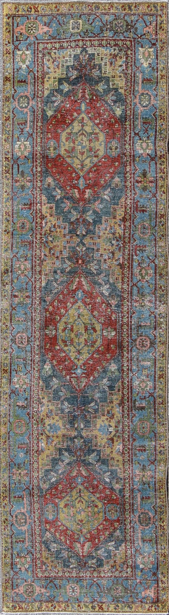 Heriz Runner Antique Persian with Three Sub - Geometric Medallions, rug gld - 6188, country of origin / type: Iran / Heriz Serapi, circa 1920 This magnificent Heriz Serapi runner (circa 1920) bears an exquisite design rendered in gorgeous hues of re... - Keivan Woven ArtsGLD - 6188 - 9090Rug