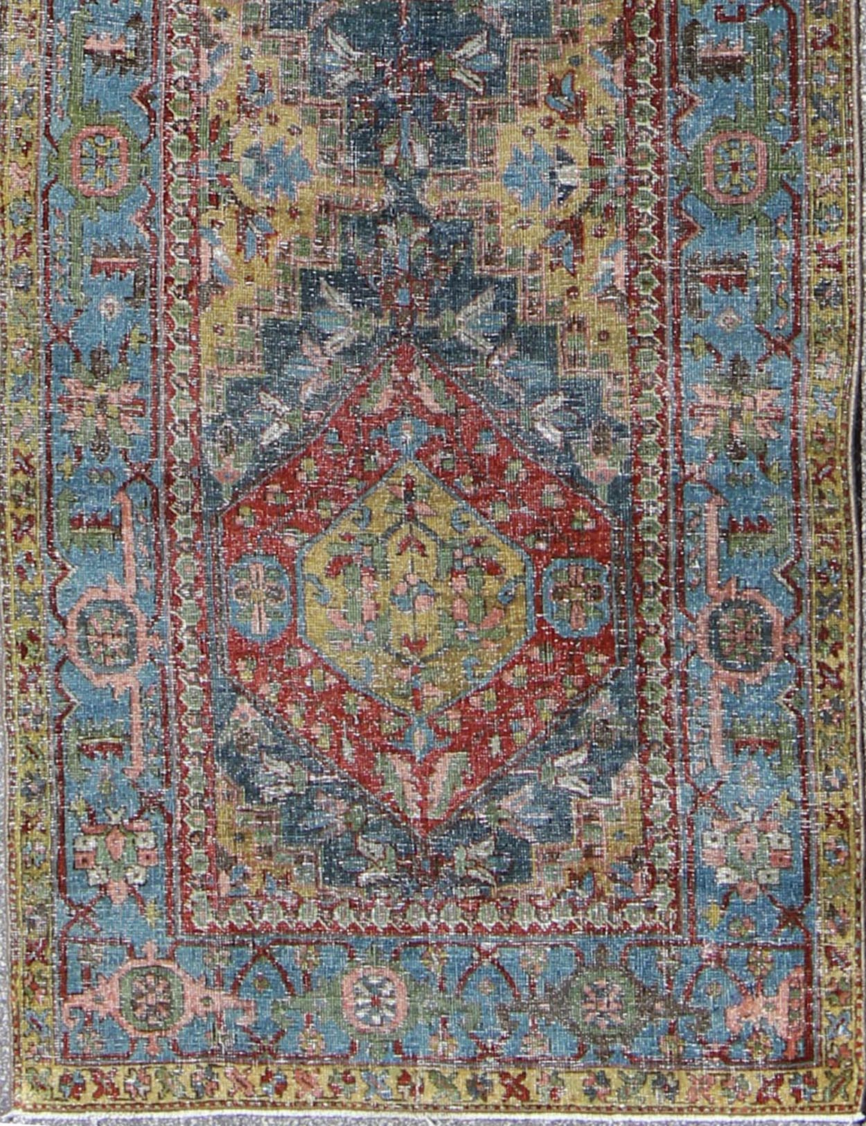 Heriz Runner Antique Persian with Three Sub - Geometric Medallions, rug gld - 6188, country of origin / type: Iran / Heriz Serapi, circa 1920 This magnificent Heriz Serapi runner (circa 1920) bears an exquisite design rendered in gorgeous hues of re... - Keivan Woven ArtsGLD - 6188 - 9090Rug