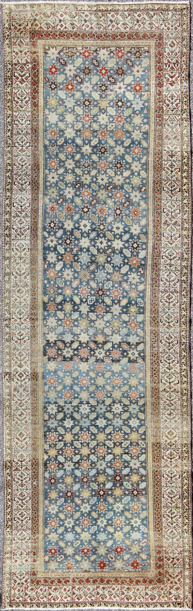 Colorful antique Persian Malayer runner with blue background, floral motifs, rug gld - 7362, country of origin / type: Iran / Malayer, circa 1910 This Persian Malayer runner from early 20th century Iran features an all - over geometric floral patter... - Keivan Woven ArtsGLD - 7362 - 9094Rug