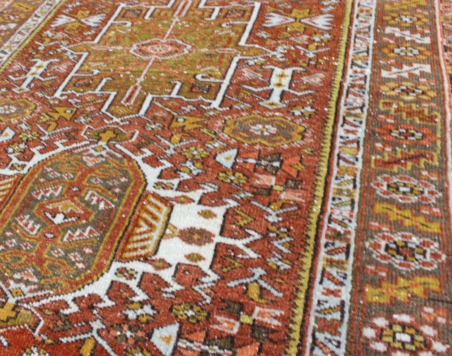 Olive Green, Yellow green, Rust Red Antique Persian Karadjeh Rug Geometric Design. Geometric layered Medallion design antique Karadjeh rug from Persia inrust red and olive and sharp yellow green colors, rug gng - 4736, country of origin / type: I... - Keivan Woven ArtsGNG - 4736 - 9890Rug