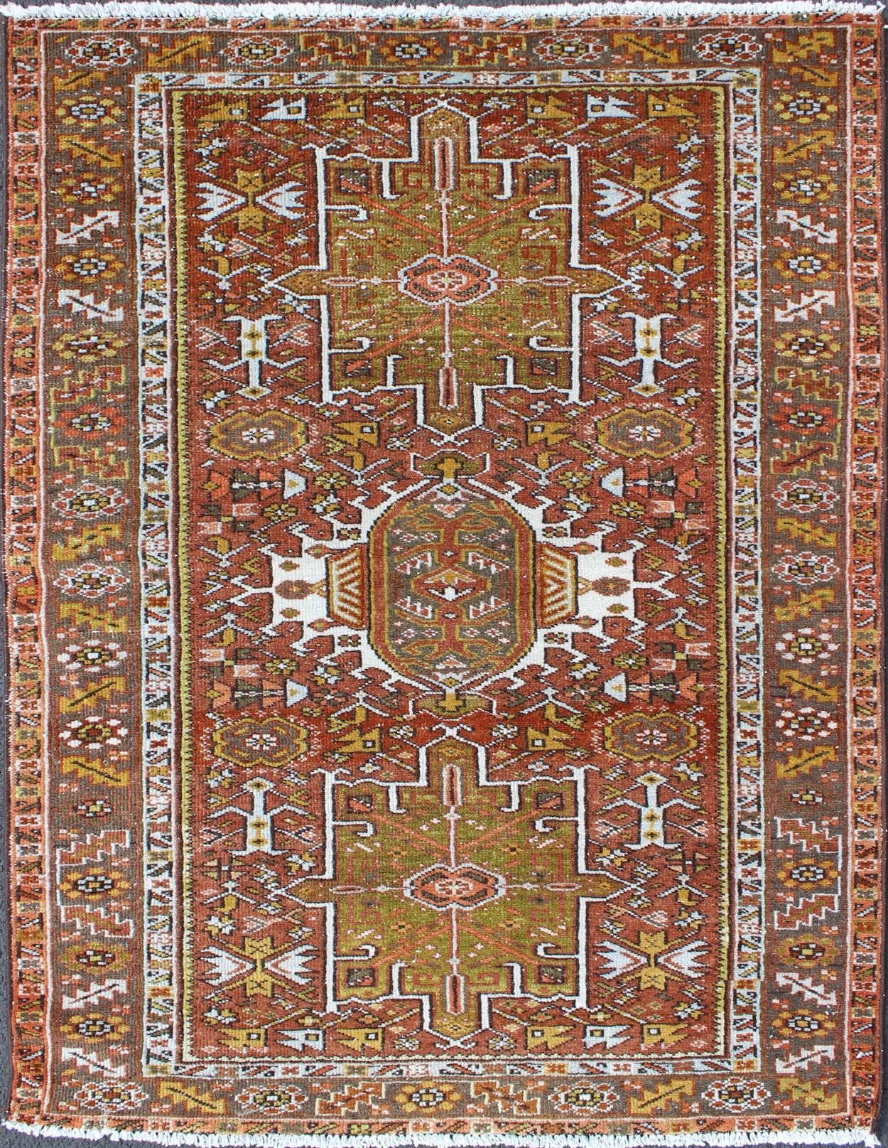 Olive Green, Yellow green, Rust Red Antique Persian Karadjeh Rug Geometric Design. Geometric layered Medallion design antique Karadjeh rug from Persia inrust red and olive and sharp yellow green colors, rug gng - 4736, country of origin / type: I... - Keivan Woven ArtsGNG - 4736 - 9890Rug
