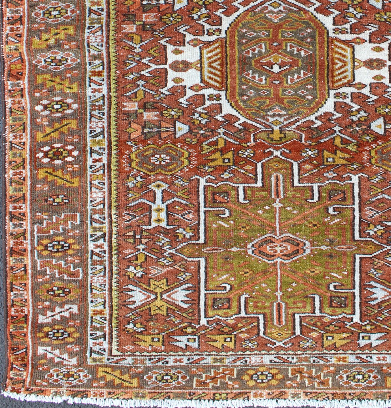 Olive Green, Yellow green, Rust Red Antique Persian Karadjeh Rug Geometric Design. Geometric layered Medallion design antique Karadjeh rug from Persia inrust red and olive and sharp yellow green colors, rug gng - 4736, country of origin / type: I... - Keivan Woven ArtsGNG - 4736 - 9890Rug