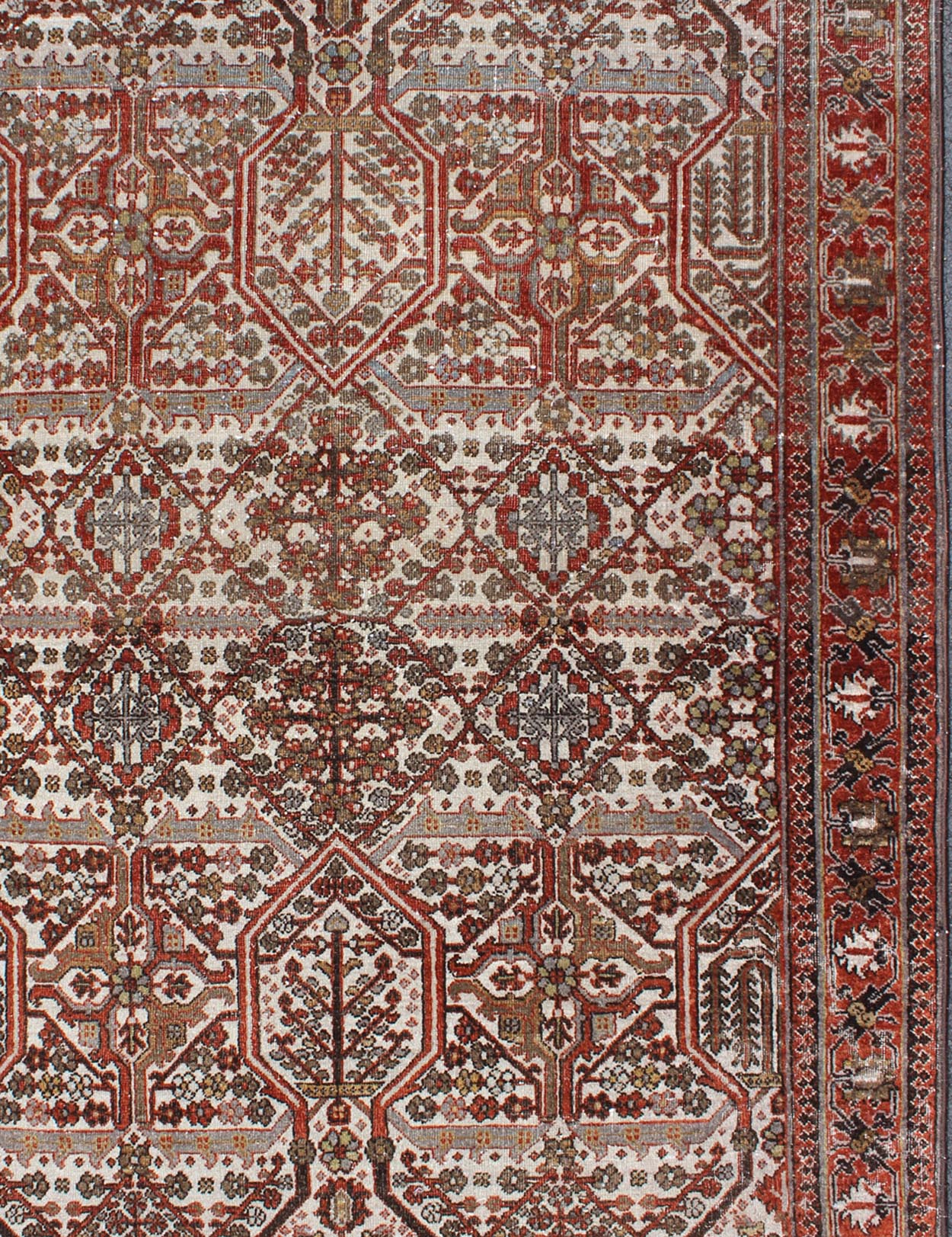 Antique Persian Joshegan Rug in Ivory Background with Red, Green and Blue This antique Joshegan rug from 1920s Iran was handwoven and bears a remarkably unique all - over interconnected Sub - geometric design, consisting mostly of diamond shapes and re... - Keivan Woven ArtsGNG - 4741 - 9898Rug