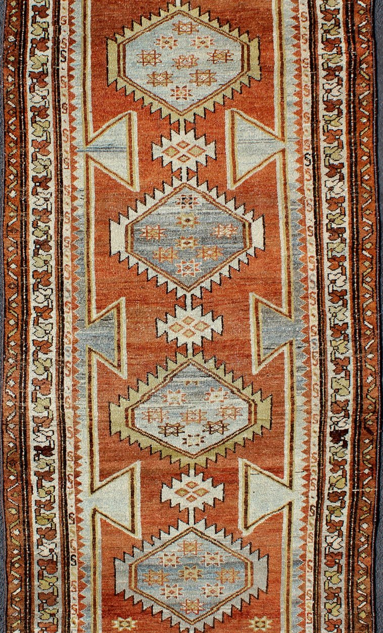 Burnt Orange Antique Hand Knotted Persian Hamedan Runner With Tribal Medallions Burnt orange antique Persian Hamedan runner with Tribal Medallions, Keivan Woven Arts / rug gng - 4742, country of origin / type: Iran / Hamedan, circa 1920 Thi... - Keivan Woven ArtsGNG - 4742 - 9902Rug
