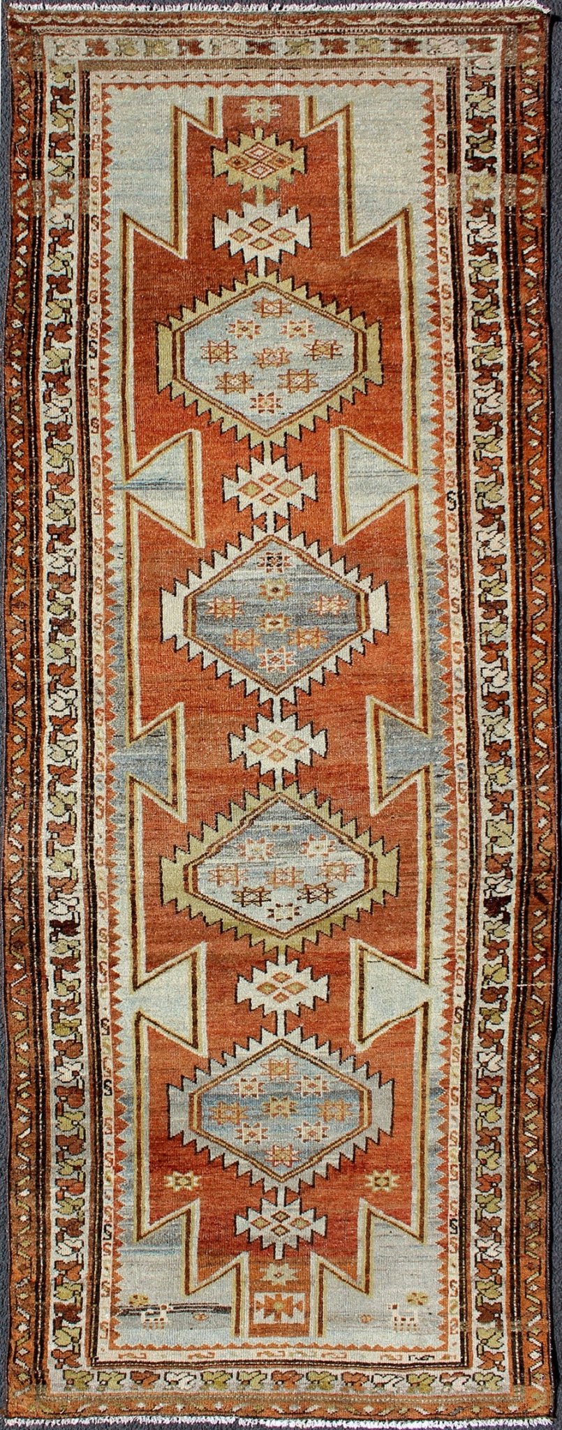 Burnt Orange Antique Hand Knotted Persian Hamedan Runner With Tribal Medallions Burnt orange antique Persian Hamedan runner with Tribal Medallions, Keivan Woven Arts / rug gng - 4742, country of origin / type: Iran / Hamedan, circa 1920 Thi... - Keivan Woven ArtsGNG - 4742 - 9902Rug