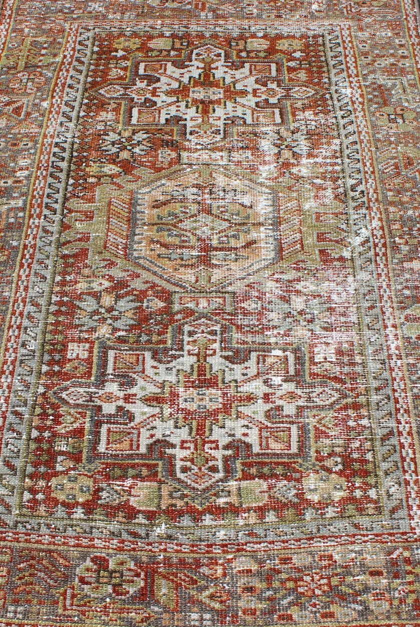 Vintage Persian Karadjeh rug with three medallion geometric tribal design, rug gng - 4749, country of origin / type: Iran / Karadjeh, circa 1930 This early 20th century, handwoven antique Persian Karadjeh rug features a red - colored field imbued wi... - Keivan Woven ArtsGNG - 4749 - 9914Rug