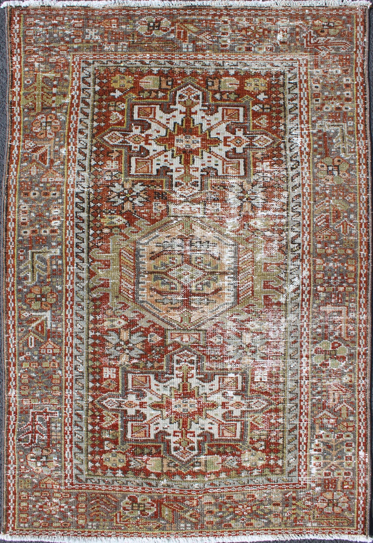 Vintage Persian Karadjeh rug with three medallion geometric tribal design, rug gng - 4749, country of origin / type: Iran / Karadjeh, circa 1930 This early 20th century, handwoven antique Persian Karadjeh rug features a red - colored field imbued wi... - Keivan Woven ArtsGNG - 4749 - 9914Rug